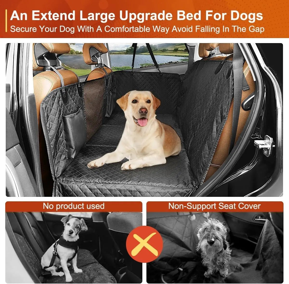 Pet House black quilted dog car seat cover with mesh window and side flaps, featuring a Labrador on the seat.