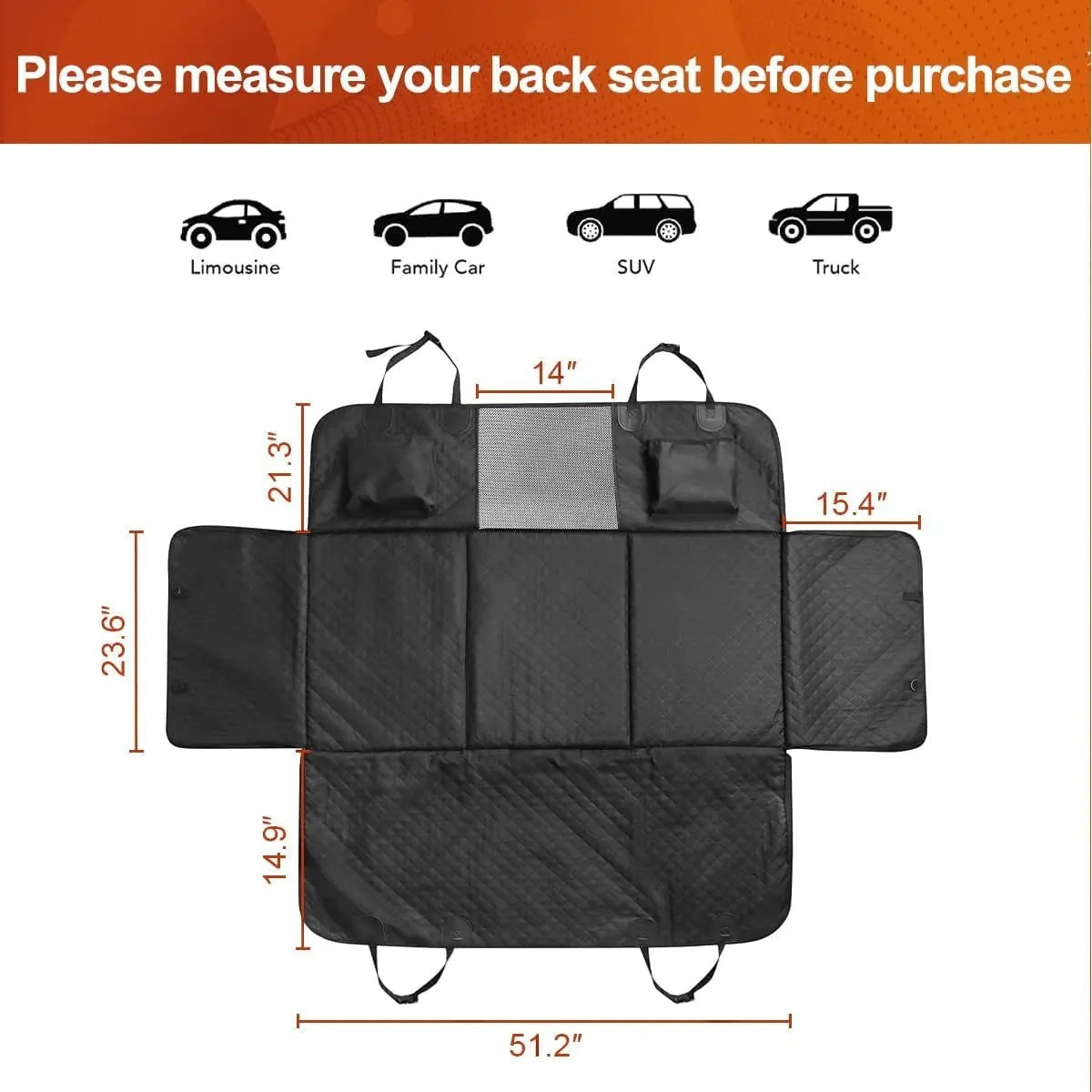 Pet House black waterproof dog car seat cover with mesh window and side flaps. Hammock style.