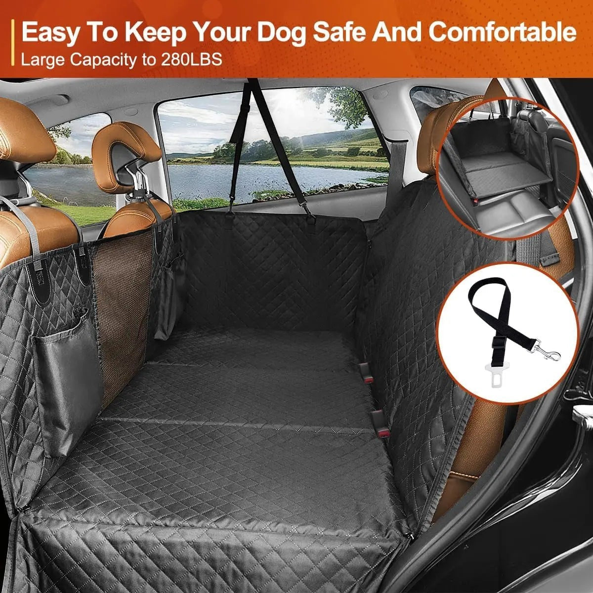 Pet House black quilted dog car seat cover with side flaps and mesh window, hammock style for back seat.