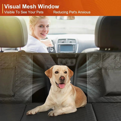 Pet House dog car seat cover hammock with mesh window, black quilted material, protects back seat.
