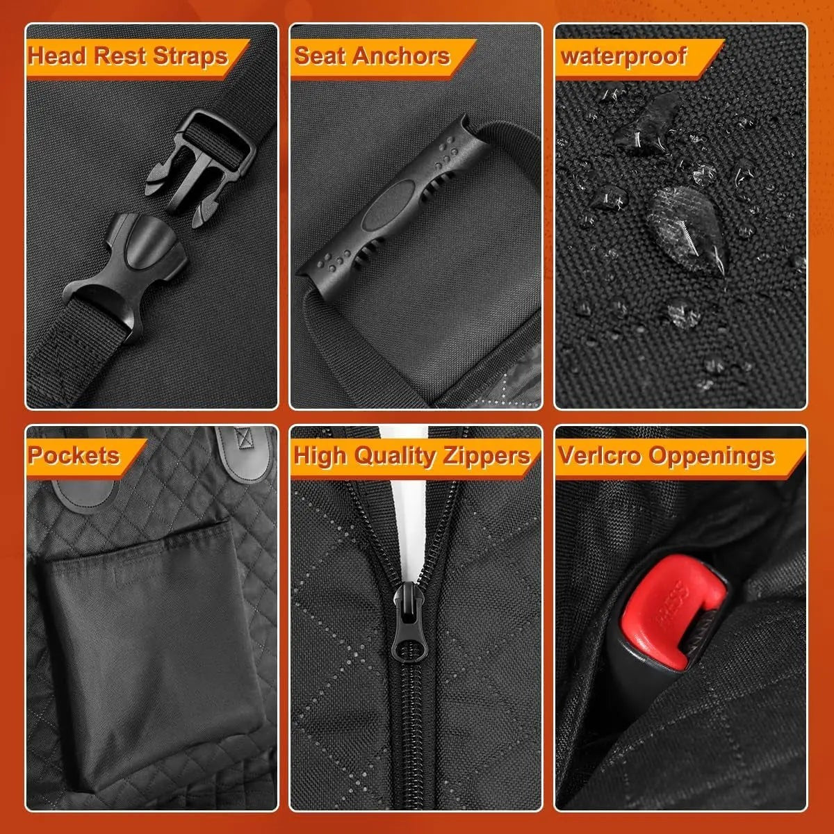 Pet House black waterproof dog car seat cover with headrest straps, seat anchors, pockets, zippers, and velcro openings.